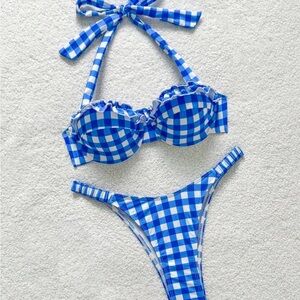 SHEIN Blue and White Gingham Ruffle Bikini Set
